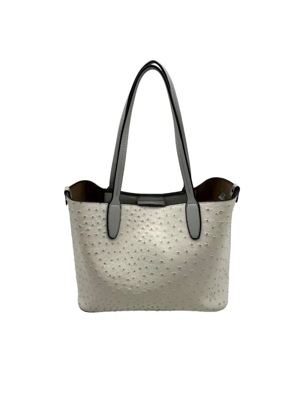 Beige Ostrich-Embossed Faux Leather Tote Bag